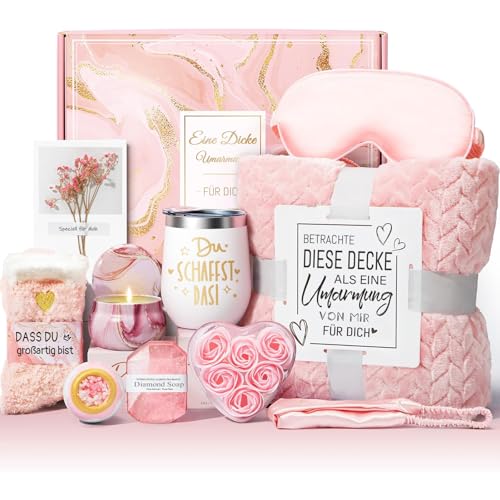Geschenke für Frauen,11tlg Rosenduft Bade Geschenkset Frauen, Geburtstagsgeschenk, Entspannende Spa Geschenk Korb Care Paket, 12 OZ Edelstahl Weinbecher und Decke, für Freundin Schwester Ehefrau