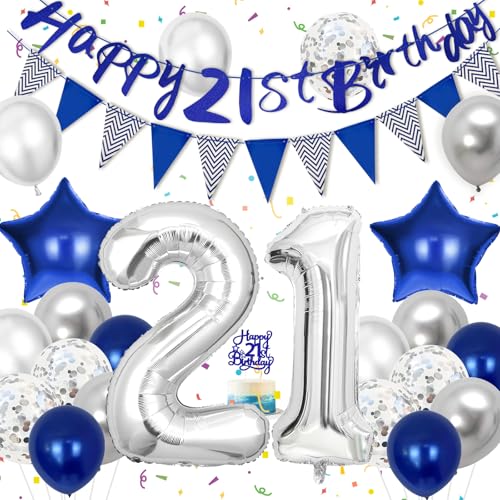 Hierein Decoração de aniversário 21 anos, balões azuis prateados com bandeira, top de bolo, bandeira triangular, Happy Birthday decoração para 21 anos crianças e homem, decoração de festa