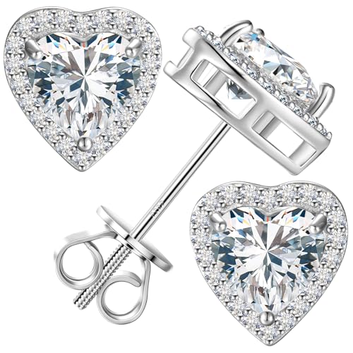 Moissanite Heart Earrings Stud Screw Back 0.3-2.0ct 4-8mm 18K White Gold Plated 925 Sterling Silver Moissanite Halo Stud Earrings for Women