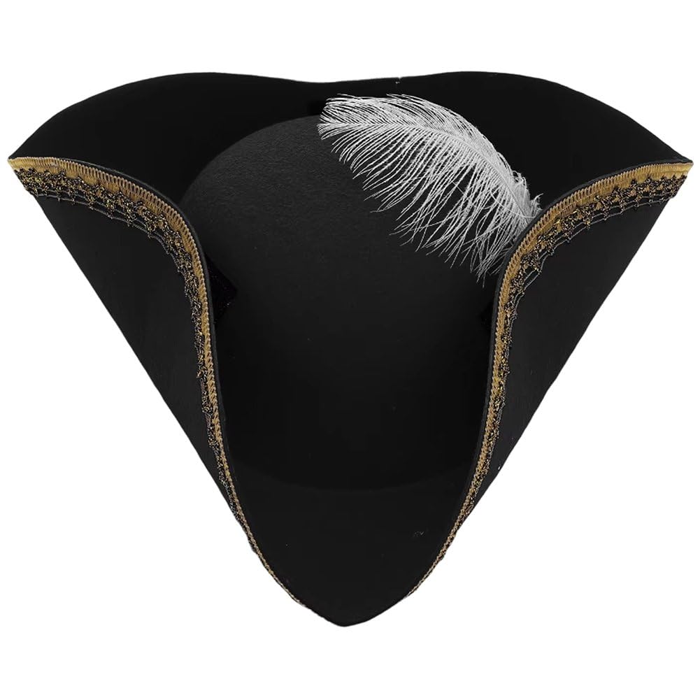 Fituenly Pirate Tricorn Hat Black Novelty Buccaneer Hats with Feather for Adult Pirate Theme Party Cosplay Masquerade Costume Accessories
