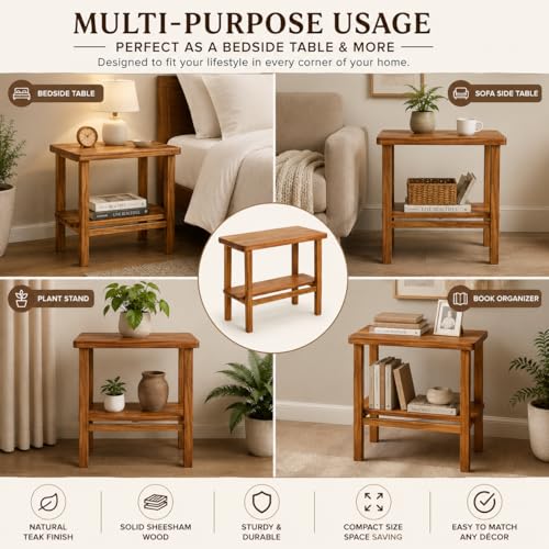 Image of Solid Sheesham Wood Bedside Table with Open Shelf | Minimalist Nightstand for Bedroom & Living Room | Wooden Side Table for Home Decor (Natural Finish)
