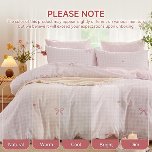 Image of Girls Duvet Cover Set Full Size,Pink Bow Ties on Gingham Pattern Reversible Bedding Set for Adults Kids,Romantic Graceful Style Microfiber Comforter Cover 3pcs with 2 Pillowcases