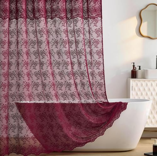 TUDECO Lace Burgundy Shower Curtain for Bathroom Victorian Sheer Floral Pattern Maroon Shower Curtain with Attached Valance Scalloped Edges Fancy Burgundy Bathroom Decor 72 x 72 Inch 1 Panel