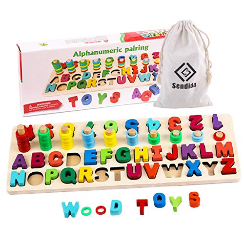 Sendida Alphabet Number Montessori Toys - Early Learning Math Toys Wood Puzzles ABC Letters Educational Sorting Count Toy Board for Toddlers, Preschool Stacking Blocks Gift Toys for Ages 3-6 Years