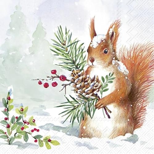 Set of 2 Individual Decoupage Paper Party Napkin Christmas Squirrel Snow Watercolor Decor Luncheon Napkins for a Birthday Holiday, Wedding, Cocktail Party