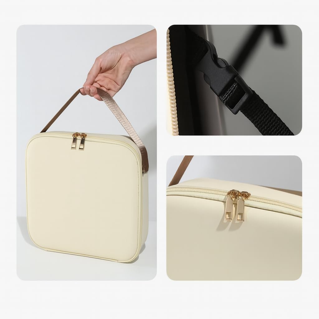 CHIDDHAN Premium PU Leather Cosmetic Travel Bag for Women, Cream Makeup Organizer Case with Dual Zipper & Sturdy Handle, Portable Vanity Storage Box 3