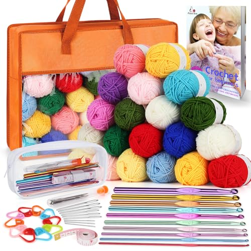 Aeelike Crochet Yarn for Crocheting, 1093 Yards Acrylic Yarn for Knitting,Full Crochet Kits for Beginners and Professionals, Aluminum Crochet Hooks, Instruction Book and Orange Storage Bag