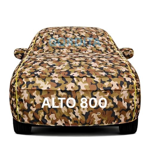 Image of Waterproof Car Body Cover for Alto 800 All Weather Protection Comes with Inner Cotton Lining & Triple Stitched with Mirror & Antenna Pocket Belt & Elastic Fit Army with Yellow Piping2