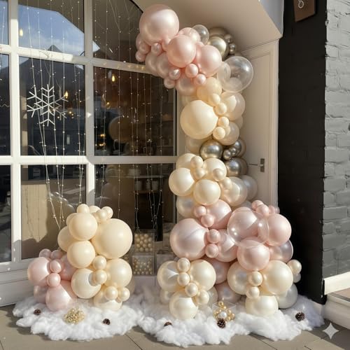 Image of Dusty Pink and Gold Balloon, 12 Inch Double Stuffed Pearl Pastel Blush Pastel Pink Light White Metallic Gold Latex Balloons for Women Girls Birthday Baby Bridal Shower Wedding Boho Party Decorations