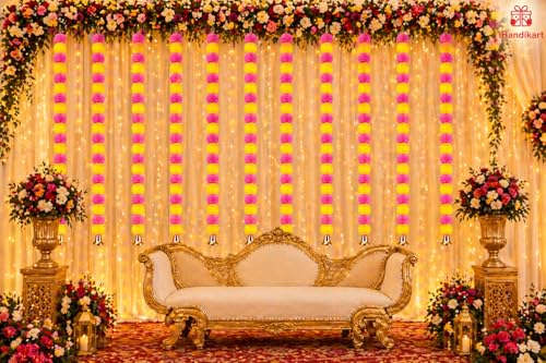Image of iHandikart Multi Marigold Flower Hanging for Door Decoration |Pack of 5, 30 Inch | Artificial Fluffy Flower with Bell for Home Decor, Ideal for Diwali Decoration, Wedding, Festive Wall Hanging itmes.