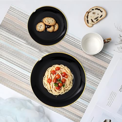KIRE 100PCS Black and Gold Plates - Black Plastic Plates Disposable with Gold Rim for Halloween Party/Wedding/Birthday Include 50Pcs 10.25inch for Dinner and 50Pcs 7.5inch for Dessert/Salad