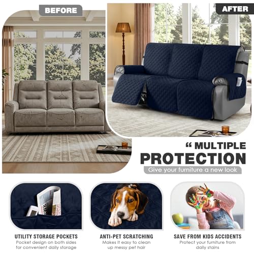 TAOCOCO 100% Waterproof Recliner Couch Covers, Recliner Sofa Covers with Leg Straps, 1-Piece Washable Reclining Sofa Cover with Pocket Couch Protector for Pets Kids(3 Seater, Dark Blue) — view 3