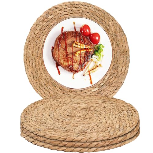 Round Woven Placemats Boho Rattan Placemats 12" Braided Wicker Table Mats Farmhouse Weave Place Mats for Dining Table Kitchen Home Wedding (Set of 3)
