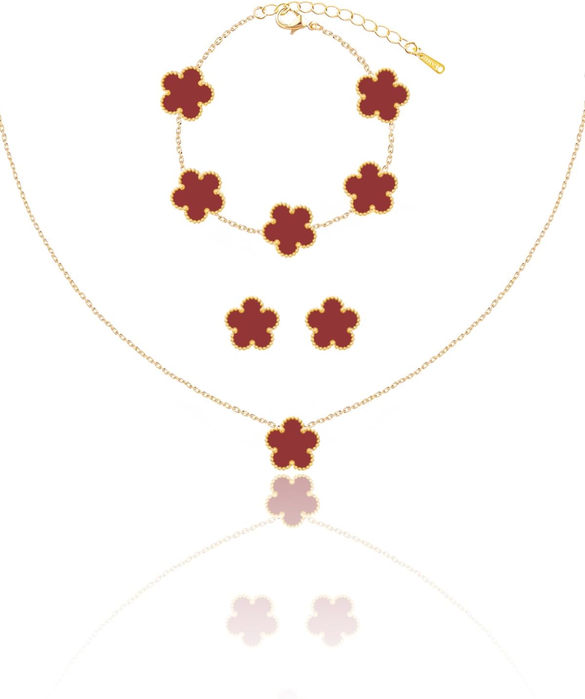 Gold Plated Five Leaf Clover Dot Necklace Bracelet and Stud Earrings Set for Women Lucky Flower Jewelry