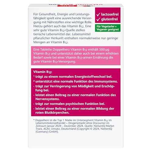 Doppelherz Vitamin B12 500 - Hochdosiert mit 500 µg Vitamin B12 pro Tablette - vegan - 30 Mini-Tabletten