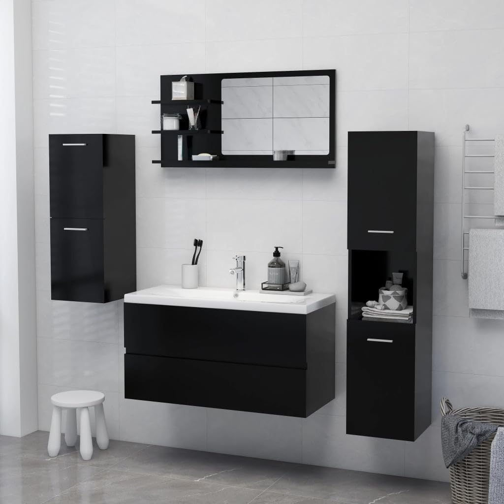 Black Modern Bathroom Wall Mirror with 3 Storage Shelves, 90x10.5x45 cm Wood Engineered Wood & Acrylic Vanity, Space Saving Design for Small Bathrooms, Easy Clean