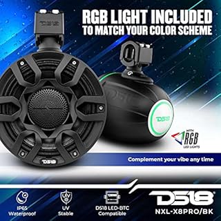 DS18 Hydro NXL-X8PRO/BK 8" Compact Wakeboard Tower Speakers with Hybrid Mid-Range & Compression Driver Loudspeaker, Integrated RGB LED Lights, 500 Watts, Speaker Cover Included – Pair