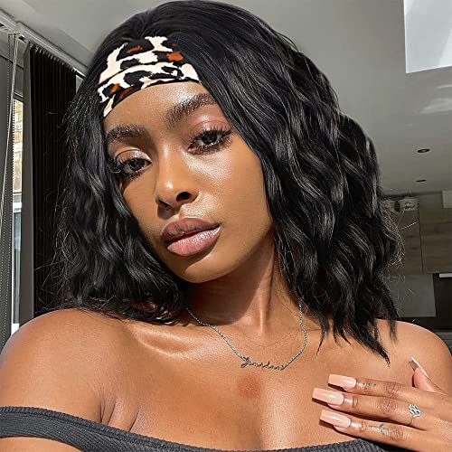 Lativ Short Bob Headband Wig Black Curly Wigs for Women Synthetic Half Wig With Headband Attached Glueless Wig Wavy Heat Resistant Hair for Daily Party Use (1B)