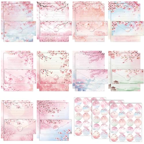 Image of TaoBary 160 Pcs Cherry Blossom Stationery Paper and Envelopes Set 50 Double Sided Lined Stationery Paper with 50 Matching Envelopes and 60 Round Dot Sticker 8.5 x 11'' Letter Writing Kit, 10design