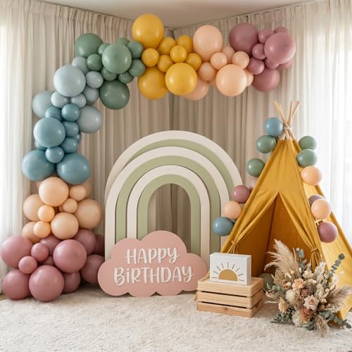 Image of Boho Rainbow Balloons, Retro Dusty Slate Blue Blush Pink Sage Green Yellow Nude Latex Balloon Muted Assorted Colorful Balloons for Kids Summer Flower Safari Baby Shower Birthday Party Decorations