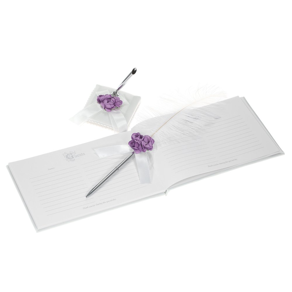 5-teiliges Hochzeitszubehör-Set: Satin-Blumenmädchenkorb, 7 x 7 Zoll Ringträgerkissen, Gästebuch, Stifthalter, Brautstrumpfband – Lila