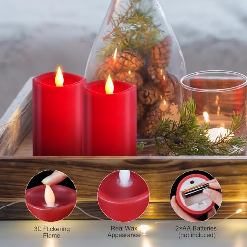 Image of 2PCS, 3 x 5 inches Flameless Candle with Remote Control, 3D Flickering Wick, Real Wax Pillar LED Candles, Battery Operated Candles,with Timer,for Holiday Home Decor, Red