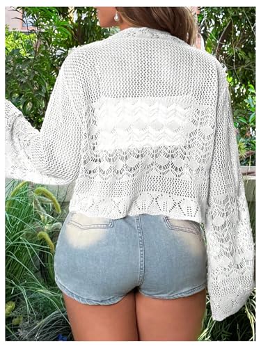 Image of Floerns Women's Plus Size V Neck Long Flounce Sleeve Tie Front Knit Crop Cardigan