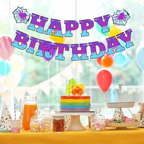 Image of Oudain Spider Theme Birthday Banner Pre-strung Web Flags,Purple Blue