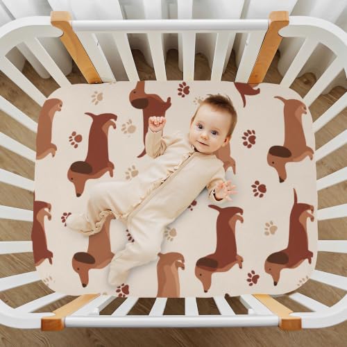 Image of Brown Dachshund Dogs Crib Sheets Soft Breathable Fitted Baby Crib Sheets Mattress Cover for Girls Boys, 52 inch x 28 inch x 9 inch