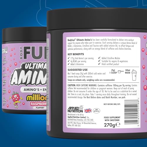 Applied Nutrition BodyFuel Amino's - Amino Acids Supplement, EAA Essential Amino Acids Powder, Muscle Fuel & Recovery (270g - 30 Servings) (Millions Raspberry) - Image 6
