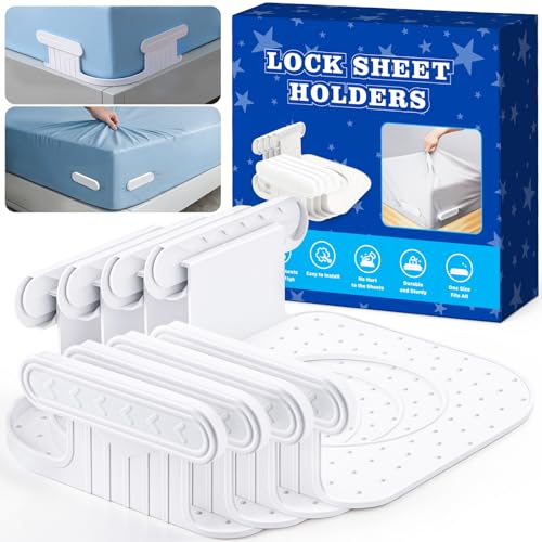 Rekuyia Bed Sheet Holders for Corners 4Pcs Fitted Sheet Holders Keep Sheets Firm & Tight, Heavy Duty Bed Sheet Clips for All Mattress Sizes, Easy One-Time Installation and No More Loose Sheet (White)