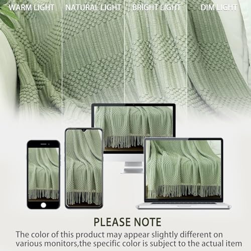 Blagic Gestrickte Überwurfdecke für Couch, Bett und Sofa. Superweiche Decke mit Quasten, salbeigrüne Überwurfdecke, 127 x 152 cm… – Ansicht 2