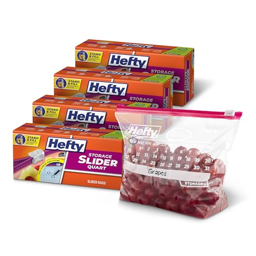 Hefty Calendar Slider Quart Storage Bags 40 Count (Pack of 4) Quart Slider Bags with Calendar Dates Holds Raw Meat Cheese Fruits Veggies and More Secure Zip and Click Closure 160 Bags