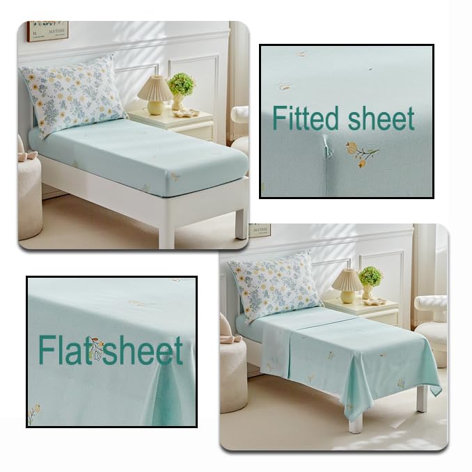 Image of JHXHMX 4 Pieces Toddler Bedding Set,Green Floral Toddler Comforter Sets for Girls,Soft Crib Bed Sheets Set Includes Quilted Comforter,Fitted Sheet,Flat Top Sheet and Envelope Pillowcase