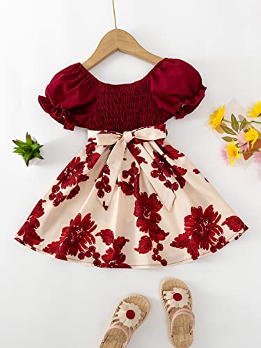 Toddler Baby Girls Flower Print Dress Bubble Sleeve Patchwork Tie Straps Sundress Birthday Party Dresses3