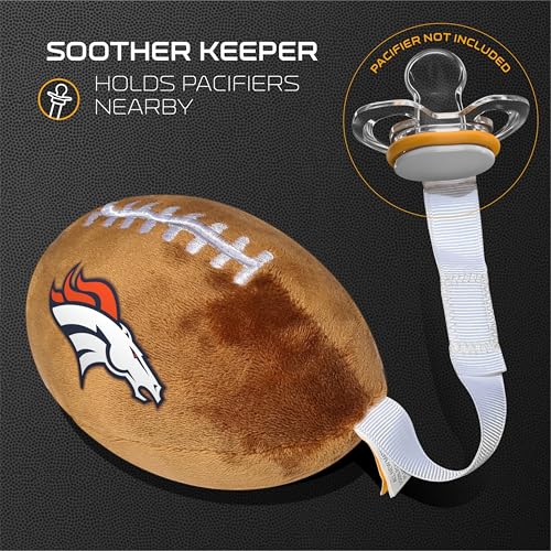 Image of Denver Broncos Plush Football Pacifier Holder by Smilo - Officially Licensed NFL Soother Holder - Soft Plush Toy and Dummy Holder - Fits Any Pacifier - Stroller Accessory & Newborn Essential