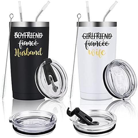 Gtmileo Husband and Wife Stainless Steel Insulated Travel Tumbler Set, Wedding Engagement Anniversary Bridal Shower Gifts for Couple Bride Groom Mr Mrs Newlyweds, His and Hers Gifts(20oz, Black&White) Cover