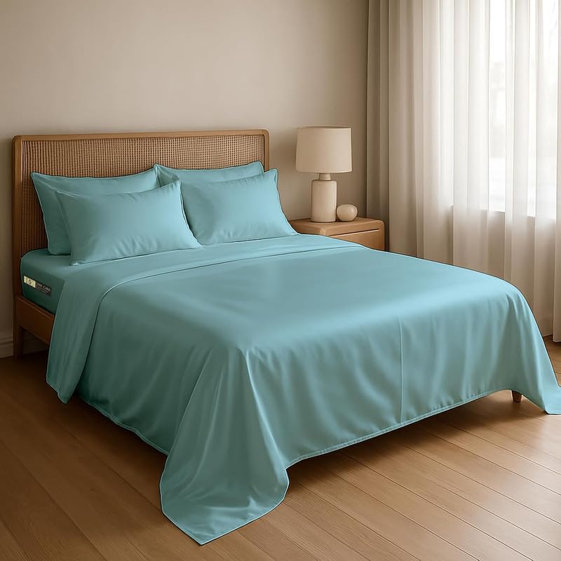 Image of Day Care-Luxury Satin Flat Double Bed (90x100 Inchs) Bedsheet|Ultra Soft Silky Smooth Touch|Breathable, Lightweight & Skin Friendly|Wrinkle Resistant|Dreamy Blue