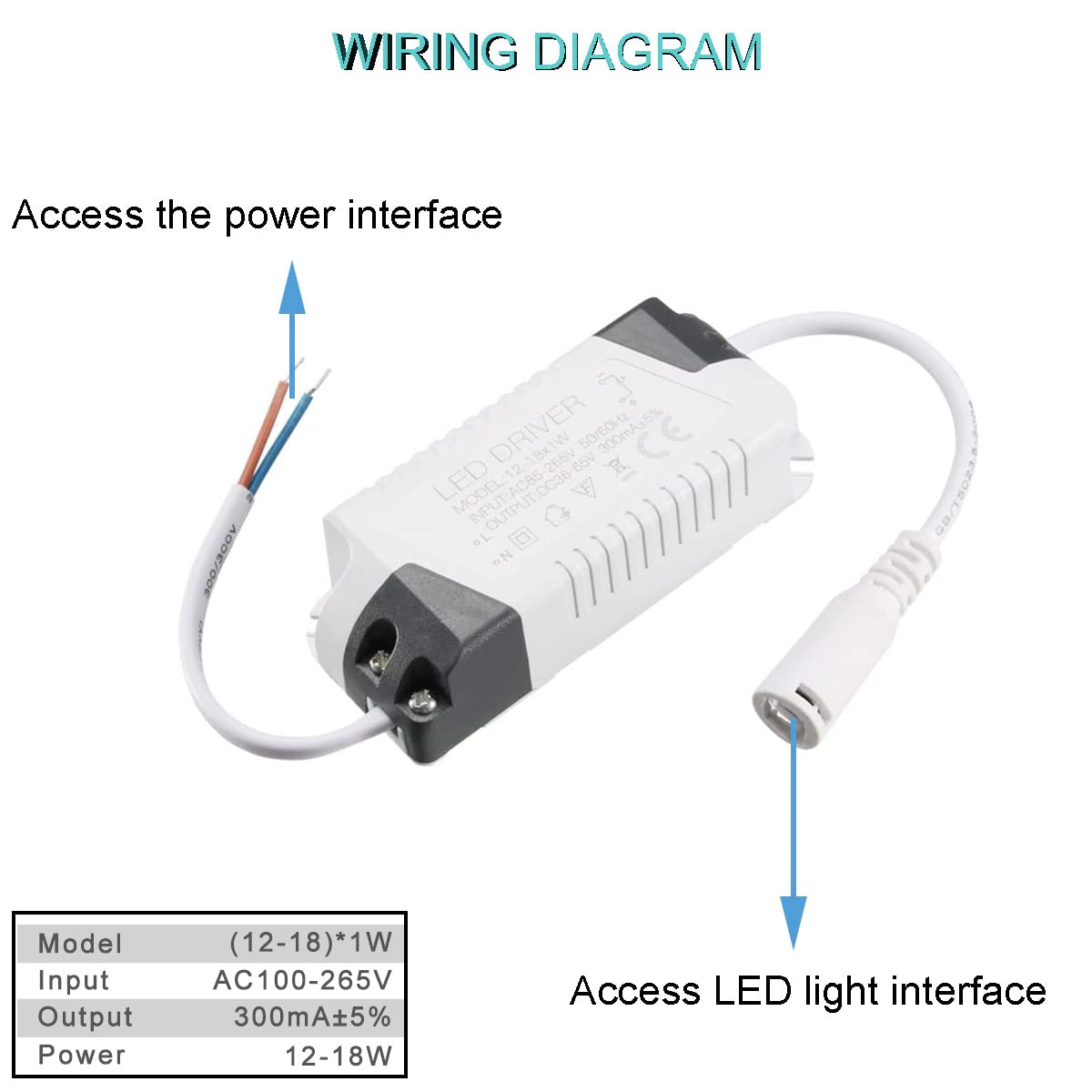 2 pz Driver LED 12-18W Alimentatore Trasformatore Adattatore Corrente Costante 300mA Alta Potenza AC 85-265V DC Uscita Bassa Tensione con Cavo DC Maschio CH-2 Connettore del Cavo