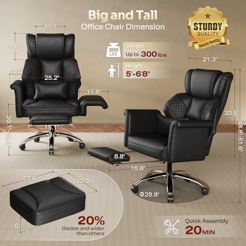 Image of Ergonomic Office Chair with Footrest, Criss Cross Legged Desk Chair with Flip-Up Arms, Wider Thicker Spring Seat, Lumbar Pillow, Pet-Friendly, 500LBS Big and Tall Heavy-Duty Executive Leather Chair