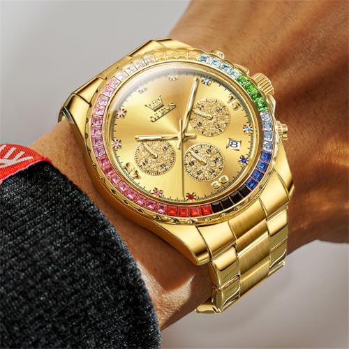 Image of OLEVS Watch for Men Luxury Gold Diamond Chronograph Business Wristwatch with Analog Quartz, Date Calendar, Stainless Steel Band, Luminous Hands, Waterproof