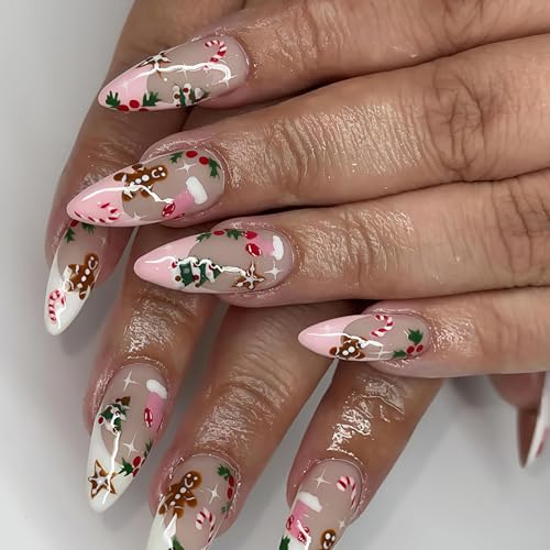 24pcs Christmas Press on Nails Medium Almond Fake Nails with Cute Gingerbread Man Christmas Tree Holly Designs White Pink French Tip False Nails Winter Xmas Artificial Stick on Nails for Women DIY