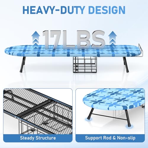 Image of Small Ironing Board Tabletop with Iron Holder, Foldable Mini Iron Board with Iron Rest, Hook for Wall /Door Hanging, Dirt & Heat Resistant Cover, Portable for Home Apartment Travel Laundry Room Sewing