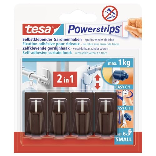 tesa Powerstrips Curtain Hooks - Self-Adhesive Curtain Hooks - Removable and Reusable - Up to 1 kg Load - 1 x 4 Pieces - Brown