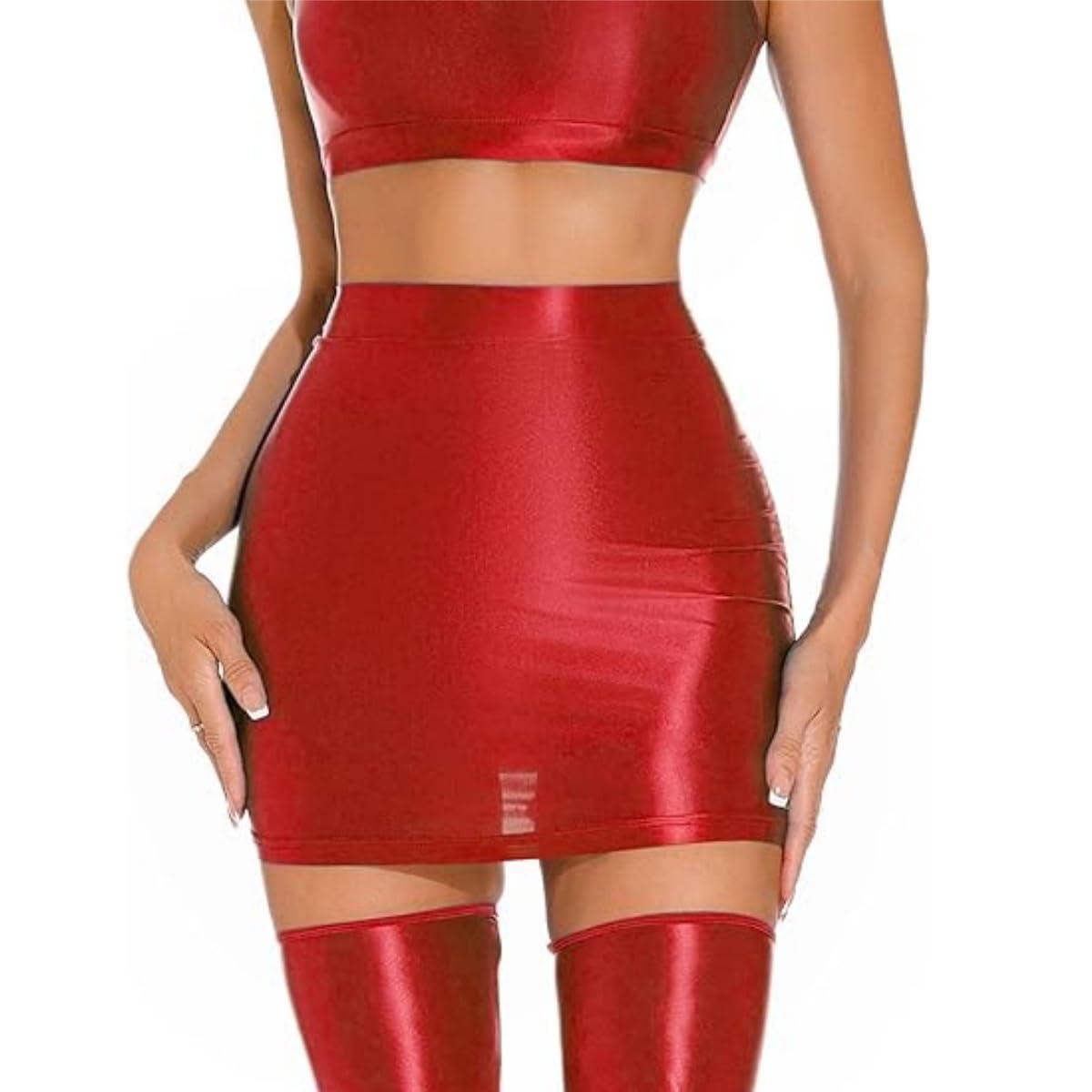 Hybursky Women's Red Glossy Mini Skirts, Sexy Shiny High Waist Bodycon Pencil Skirt, Sheer See Through Slim Fit Plain Hip Short Skirts, Elastic Wet Look Neon Hot Skirt Slips For Rave Party Nightclub Clubwear