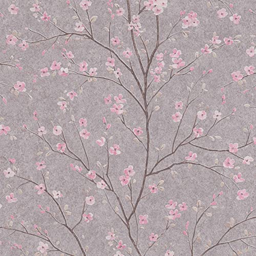 Papier peint japonais gris & rose intissé | Tapisserie fleurie grise & rose chambre adulte | Papier peint fleur de cerisier couloir