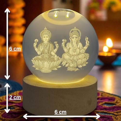 Image of ANTORCHE Lakshmi Ganesh Crystal Ball Lamp with Wooden Base | 3D Engraved LED Night Light for Home Decor, Puja Room & Diwali Gift & Festivals