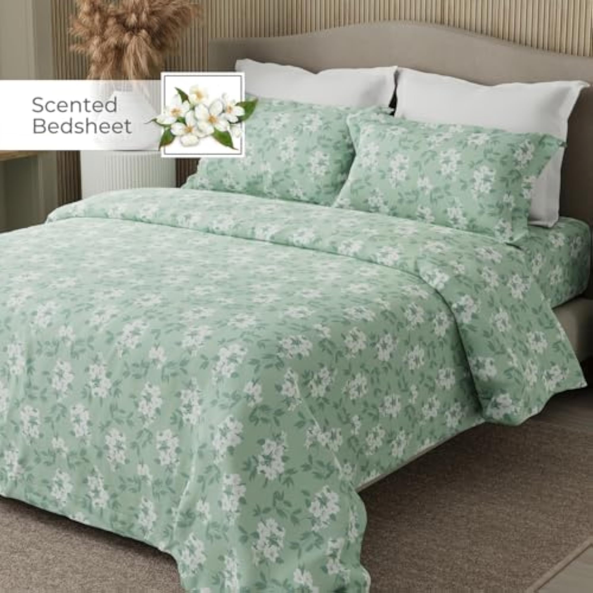 100% Cotton Green Floral King Bedsheet Set, Jasmine Fragrance