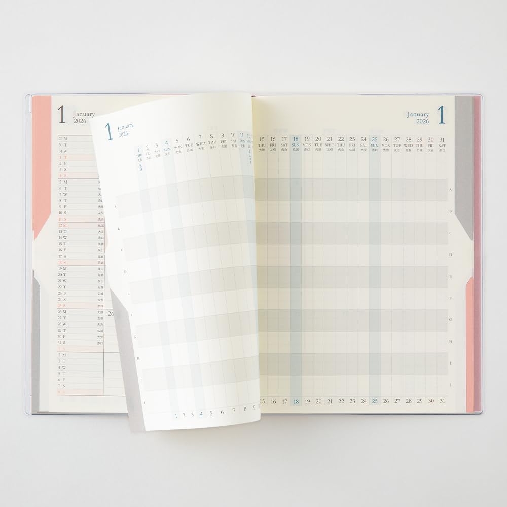 Midori Double Schedule Notebook, 2026, B6, Monthly Limited Edition, Bookmark Included, Progress, Light Pink 22383006 (Starts in October 2025)