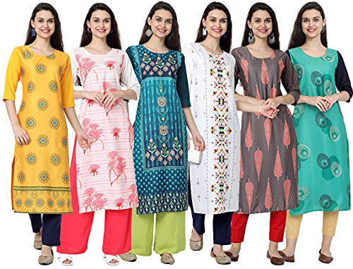 Image of 1 Stop Fashion Women's Crape Multicolor Digital Print Straight Kurta /Kurti (Pack of 6)